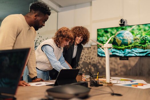 Colleagues discussing renewable energy